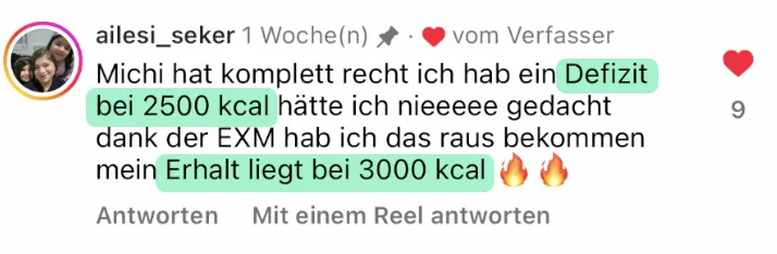 Kundinnen-Kommentar zur experimentellen Methode: Kaloriendefizit bei 2500 Kalorien, Erhalt liegt bei 3000 Kalorien