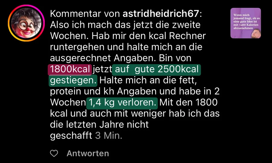 Kundinnen-Kommentar: Kalorien von 1800 auf 2500 erhöht und in 2 Wochen 1,4 Kilo Gewicht verloren, mit 1800 Kalorien stand das Gewicht jahrelang