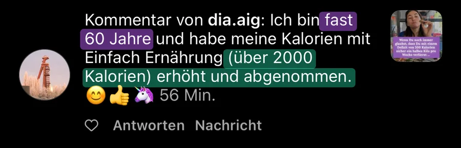 Kundinnen-Kommentar: fast 60 Jahre alt, Kalorien mit Einfach Ernährung auf über 2000 erhöht und Gewicht verloren