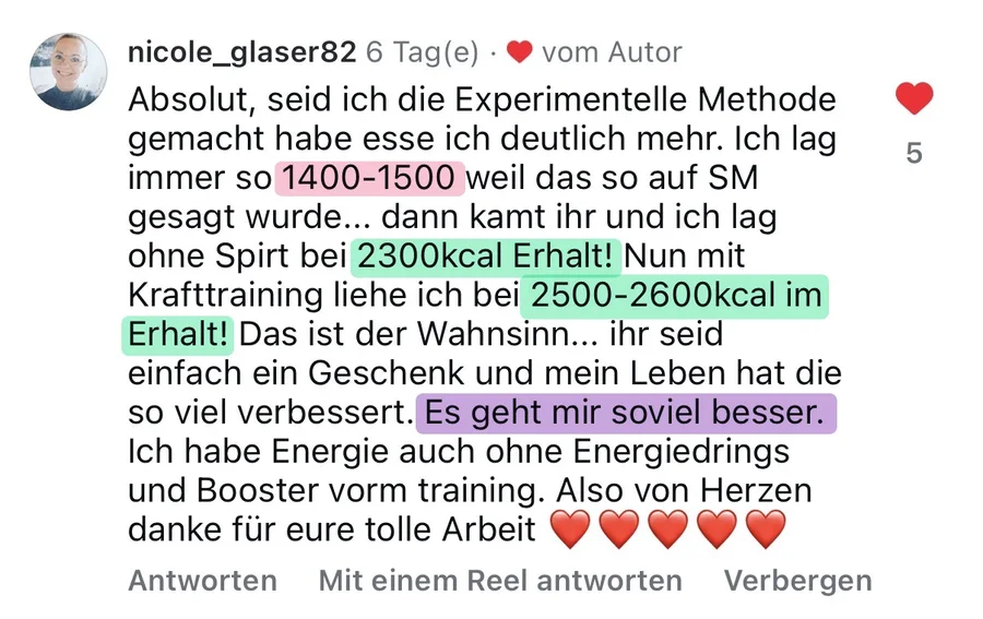 Kundinnen-Kommentar zur experimentellen Methode: früher 1400 bis 1500 Kalorien, heute 2500 bis 2600 Kalorien im Erhalt mit Krafttraining und mehr Energie